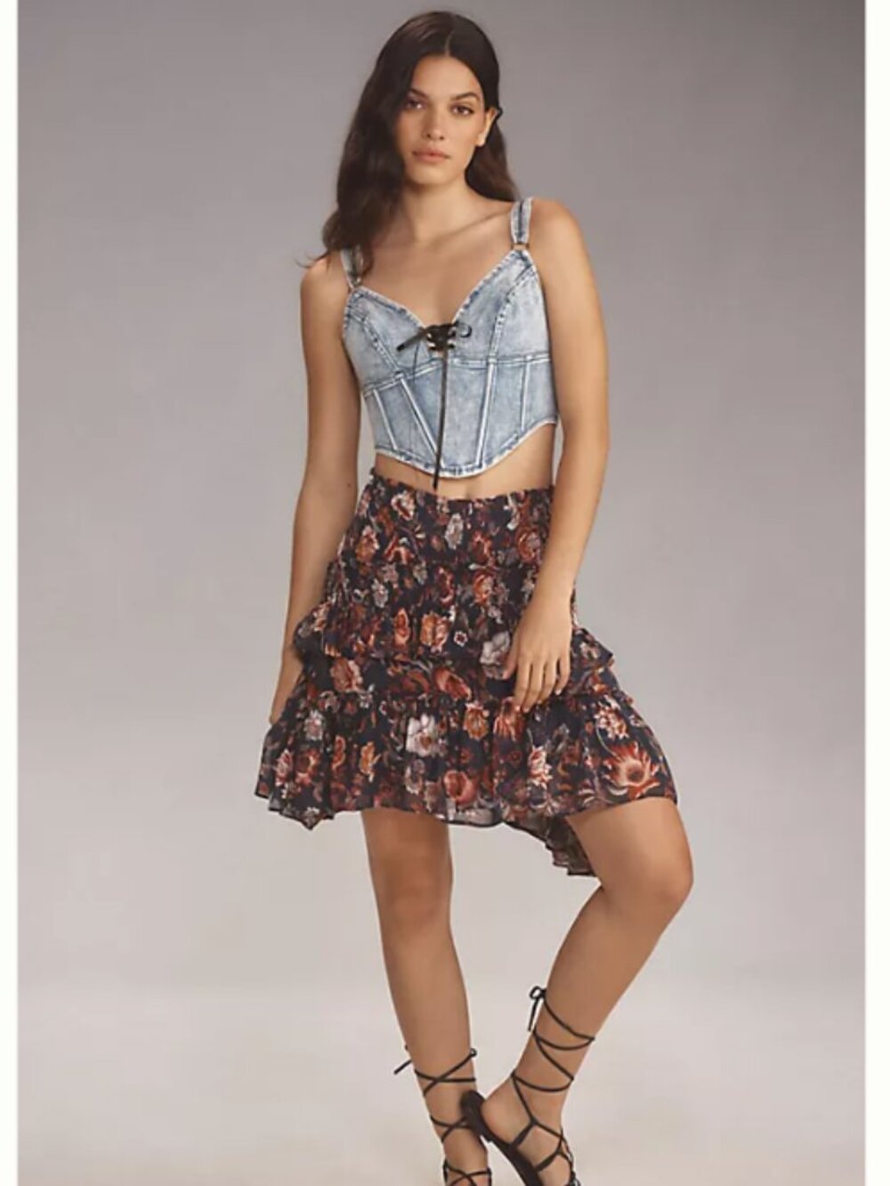 Anthropologie Asymmetrical Smocked Mini Skirt‎ Womens XL Floral Tiered